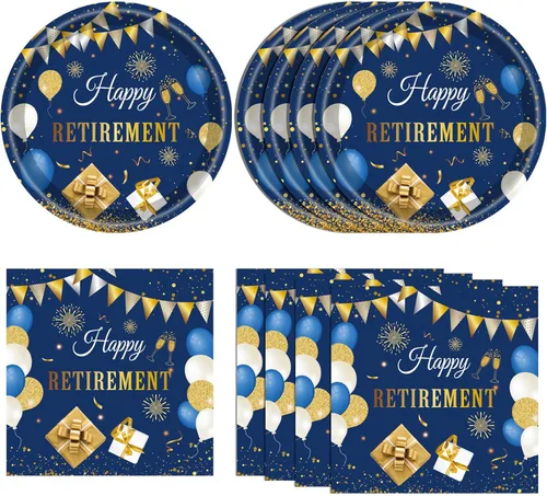 Miniatura 16 de Juego de 40 piezas de vajilla desechable para fiestas de jubilación para hombres y mujeres, color negro y plateado, incluye platos de jubilación