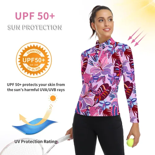 Miniatura 60 de WOWENY Camiseta deportiva de manga larga para mujer, con cremallera de un cuarto, cuello para entrenamiento, camiseta de tenis con estampado
