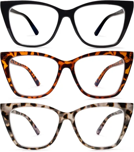 SIGVAN Paquete de 3 lentes de lectura para mujer, de gran tamaño, con bisagra de resorte, ojos de gato, antifatiga ocular