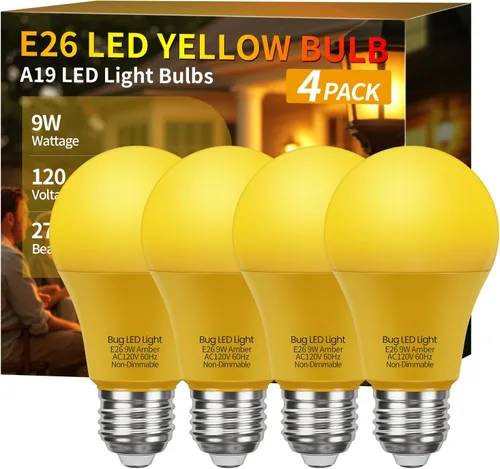 Miniatura 9 de Bombillas de luz amarilla anti-insectos A19 LED, base E26, 9W (equivalente a 60W), 2000K ámbar, uso en porche exterior, paquete de 2