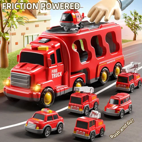 Miniatura 7 de JUKUDAHU Camiones de Bomberos 7-en-1 para Niños de 3, 4, 5, 6 Años - Auto de Transporte para Niños Pequeños de 4-6, Juguetes con Sonido y Luz