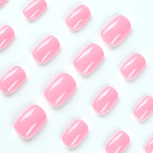Miniatura 2 de Uñas postizas cuadradas a presión cortas, uñas postizas rosas, uñas postizas acrílicas, diseño brillante de cubierta completa, uñas adhesivas, uñas