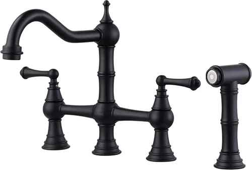 Miniatura 17 de Grifo de Cocina de Puente con Rociador Lateral, WOWOW Grifo de Cocina de Latón Macizo para Fregadero de 4 Agujeros Bronce Antiguo Grifo de Fregadero