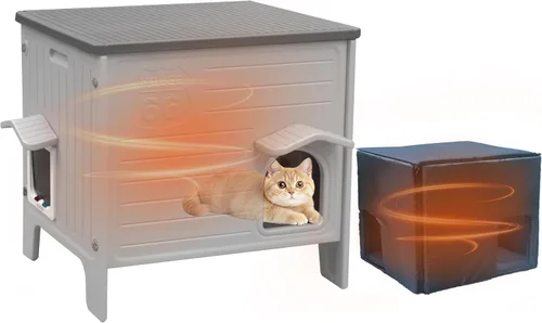 Miniatura 9 de Casa de plástico para gatos para interiores y exteriores, casa impermeable para gatos con puerta de escape para gatos salvajes exteriores, refugio