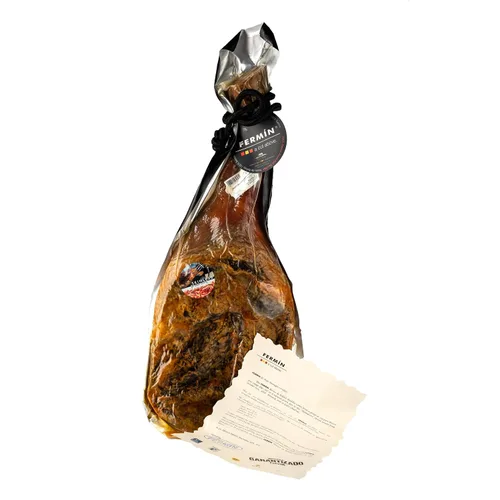 Jamón Iberico de Bellota Pierna para 24 meses, entre 20 – 25 porciones, 10 – 12 libras de Fermin Plus Curado Jamonero Y Cuchillo de jamón Iberico