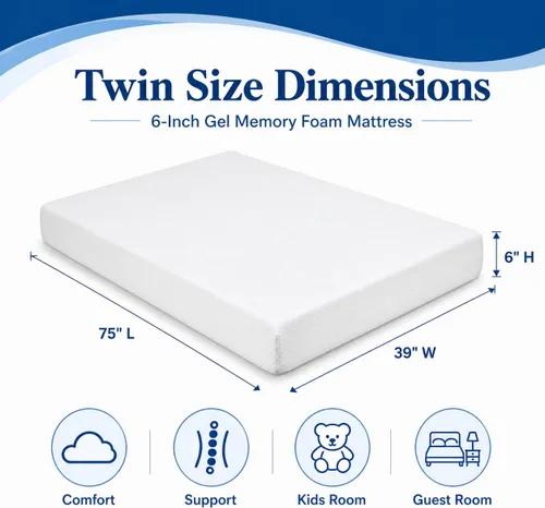 Miniatura 2 de Colchón individual de 6 pulgadas para niños, colchón de espuma viscoelástica con gel refrescante, alivio de presión, soporte de firmeza media