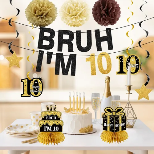 Miniatura 4 de Turypaty 11 piezas de decoración de cumpleaños número 10 para niños y niñas, pancarta de feliz cumpleaños número 10 en negro y dorado con texto