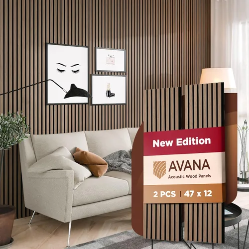 Miniatura 32 de Avana Paneles de pared de madera acústica de 94.4 x 12.6 pulgadas, 2 piezas de paneles acústicos de roble negro, paneles de pared para decoración