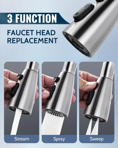 Miniatura 7 de Repuesto de cabezal de grifo de cocina: cabezal rociador de acero inoxidable, 3 modos de boquilla de pulverización extraíble con 9 adaptadores