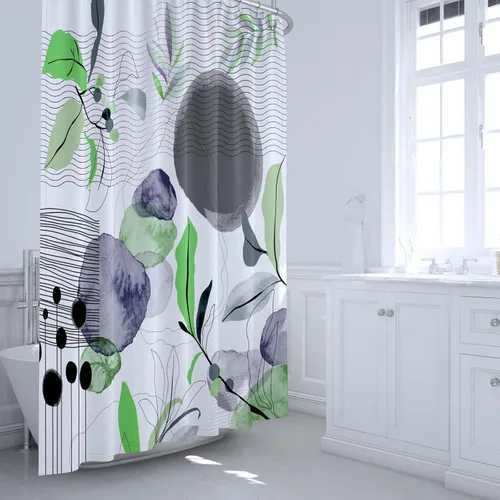 Hermosa cortina de ducha bohemia, juego de cortina de ducha abstracta de mediados de siglo, hojas verdes, decoración moderna minimalista de baño,