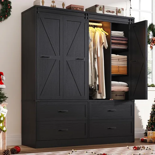Miniatura 9 de Armario de guardarropa de granja con 4 puertas, armario de dormitorio con puerta corrediza plegable estilo granero y luces, armario de dormitorio