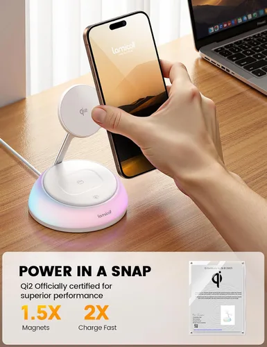 Miniatura 10 de Lamicall Estación de carga inalámbrica 4 en 1 con certificación Qi2 para Magsafe, [luz nocturna LED] Soporte de cargador magnético rápido de 15 W