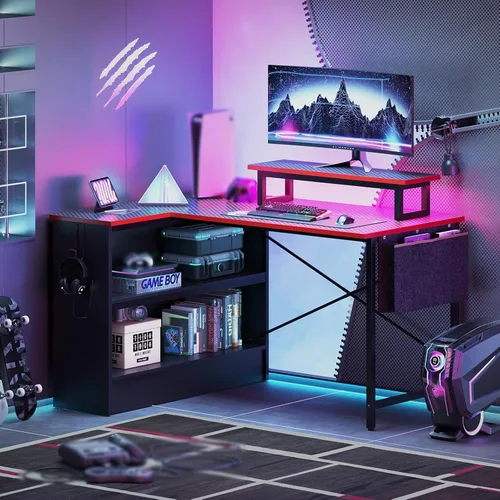 Miniatura 2 de Bestier Escritorio para juegos en forma de L con estantes de almacenamiento, escritorio de esquina reversible de 42 pulgadas con luces LED, mesa