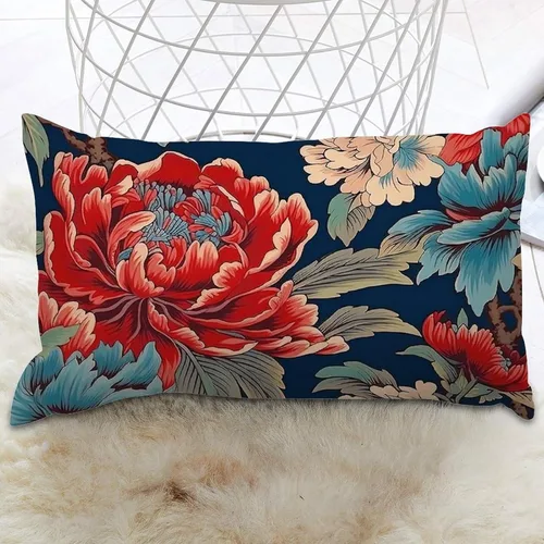 Miniatura 5 de Chinoiserie Throw Pillow Case Red Peony Floral Lumbar Pillowcases Asian Style Decorative Pillow Home Cotton Linen 12x18 Rustic Cushion Cover for