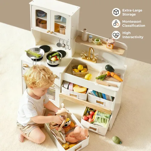 Miniatura 3 de Tiny Land - Cocina de juguete para niños, de madera, con sistema de almacenamiento, juego de cocina con muchas funciones de juego, de juguete
