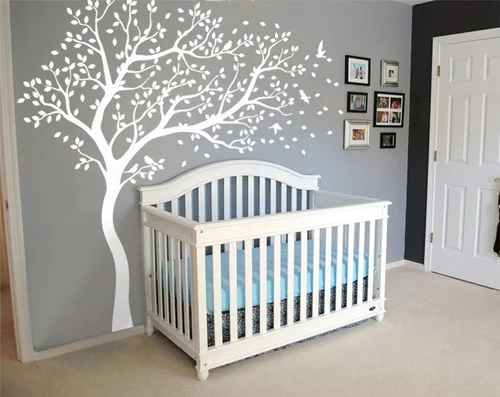 Miniatura 11 de Vinilo decorativo para pared de árbol grande con pájaros y hojas que soplan en el viento, adhesivo mural de bosque