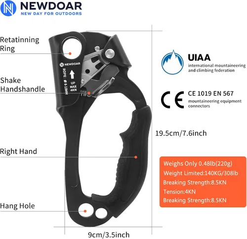 Miniatura 2 de NewDoar Certificado UIAA y CE - Ascendedor de mano para escalada en roca, arborista, equipo de rapel para cuerda de 8~13MM