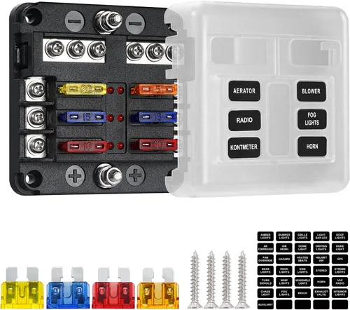 Bloque de fusibles de 6 vías, fusible de hoja de 12 V, 6 circuitos, ATC/ATO, impermeable, soporte para caja de fusibles con indicador LED, cubierta