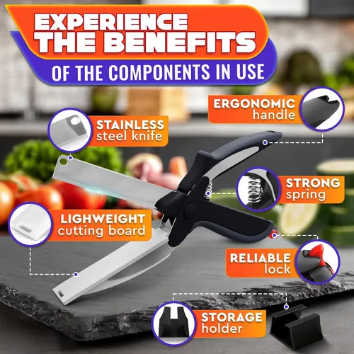 Miniatura 3 de Tijeras de cocina 2 en 1 para alimentos – Cuchillo de tomate de acero inoxidable de 9.5 pulgadas para picar verduras, frutas, queso, carne