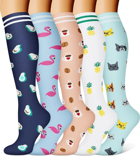 FEYHAY Calcetines de compresión de cobre (5 pares) de 15-20 mmHg, la circulación es la mejor atlética y diaria para hombres y mujeres, correr,