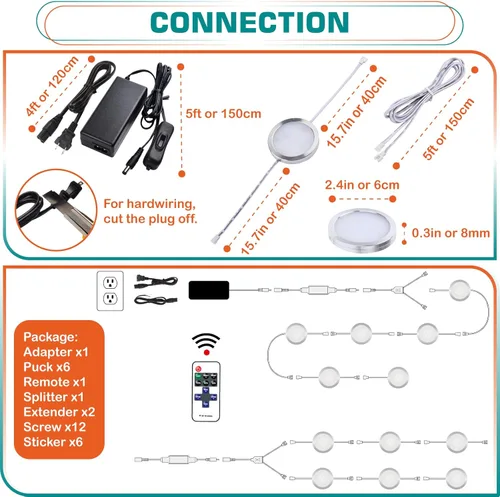Miniatura 2 de Luz de disco LED para debajo del gabinete de cocina, iluminación trasera para salpicadero, 110V enchufe y cableado, control remoto RF inalámbrico