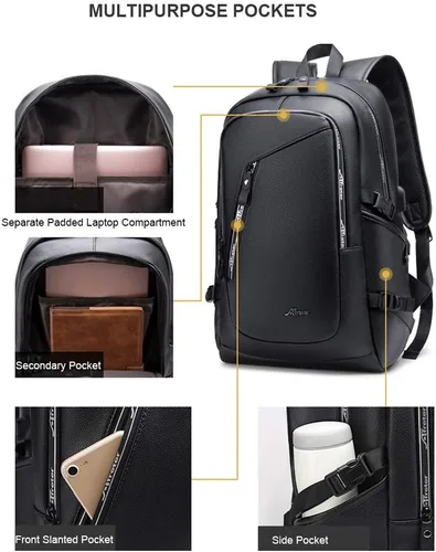 Miniatura 3 de DYJ Mochila de cuero vegano para laptop para mujeres y hombres, mochilas de viaje vintage de poliuretano con puerto de carga USB para laptop de 17
