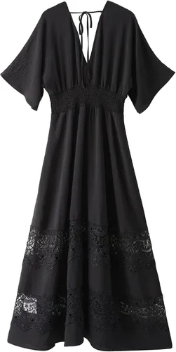 Miniatura 79 de Vestido largo de encaje para mujer de manga corta y cuello en V, vestido de fiesta estilo bohemio con cintura fruncida, vestido bohemio para mujer