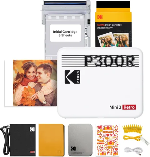 KODAK Mini 3 Retro 4PASS - Impresora fotográfica portátil (3 x 3 pulgadas), inicial, 8 hojas + 30 hojas + paquete de regalo, color blanco