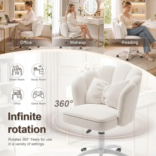 Miniatura 6 de Silla de tocador con ruedas Silla de escritorio de pétalos de terciopelo Silla de oficina en casa copetada tapizada para mujeres y niñas, Silla