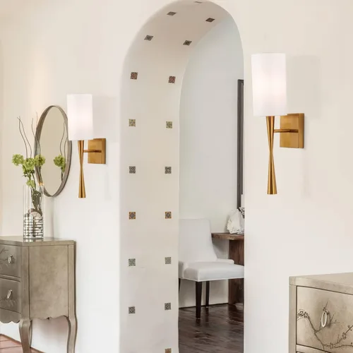 Miniatura 3 de Juego de 2 apliques de pared modernos de latón antiguo con acabado de pintura, con tela blanca cremosa, pantalla recta para tocador, escalera