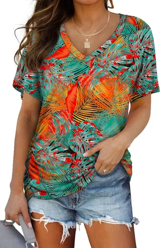 Miniatura 30 de WIHOLL - Camisetas de manga corta con cuello en V para mujer, holgadas, con fruncido lateral