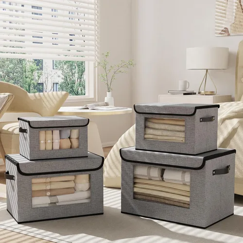 Miniatura 2 de Cesta de almacenamiento de tela con tapa, organizador decorativo de lino para armario, caja de almacenamiento de 15 x 9.8 x 9.8 pulgadas con asas