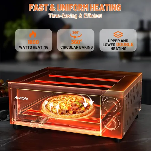 Miniatura 4 de Anatole Horno de pizza eléctrico de 12" y 1800W para interiores, en encimera, para hacer pizza, con tiempo y temperatura ajustables