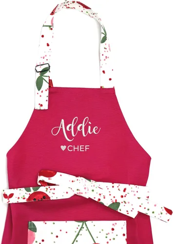 Miniatura 17 de Delantal para niños - Delantal de cocina personalizado bordado con nombre, ajustable, de algodón, con bolsillos, para cocinar rosado (01 Pink)