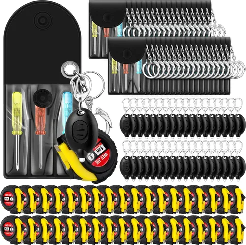 Jutom Juego de 108 llaveros con mini destornillador, cinta métrica, luces LED, regalo para el día del padre, a granel para hombres adultos (negro)