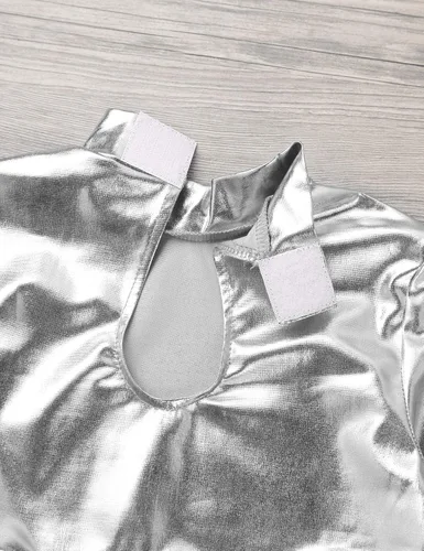 Miniatura 6 de TiaoBug Camiseta corta de manga larga con cuello alto falso para niñas y niñas, atlética, brillante, metálica, para danza, camiseta deportiva lisa