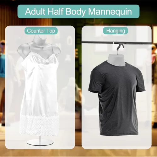 Miniatura 4 de Sintuff Paquete de 2 maniquíes masculinos y femeninos con soporte de metal, ganchos para colgar, forma de vestido, camisa con espalda hueca