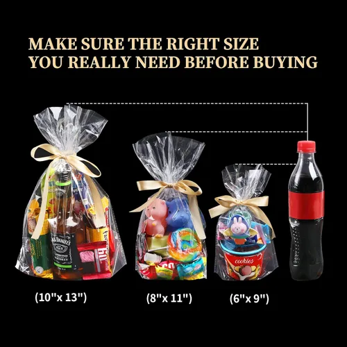 Miniatura 5 de Giftvest 50 bolsas de celofán transparente con fuelle de 6 x 9 pulgadas, bolsas de plástico para envolver regalos con cinta de satén dorada