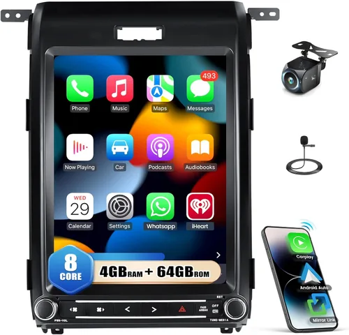 [8 Core 4G+64G] Android 15 Estéreo de coche para Ford F150 2013 2014 con Carplay inalámbrico Android Auto, 12.1 pulgadas pantalla táctil de radio de