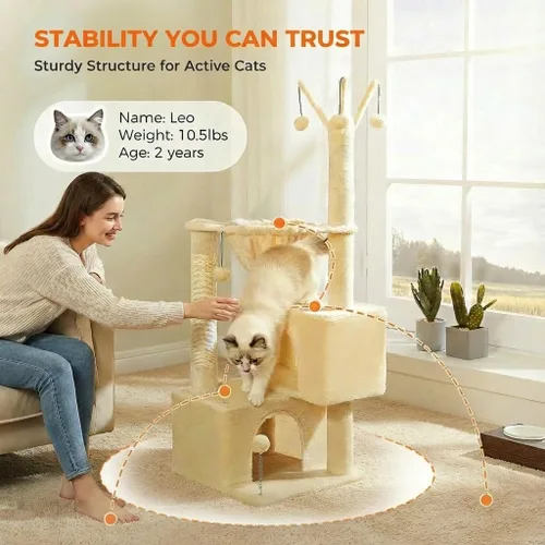 Miniatura 3 de Árbol para gatos de 45 pulgadas para gatos de interior, torre compacta para gatos con 2 condominios, cama hamaca y 5 juguetes de bola colgantes