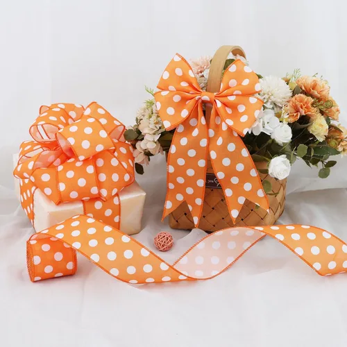 Miniatura 5 de TONIFUL Cinta de arpillera de lunares naranjas de 2.5 pulgadas, cinta con alambre de Pascua, verano, primavera para envolver regalos, hacer lazos