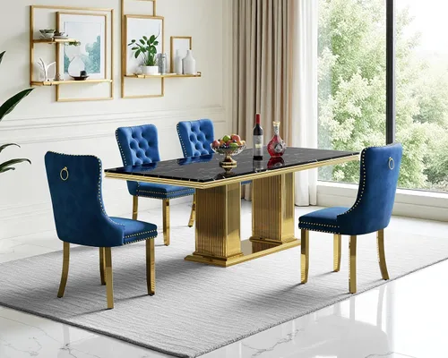 Miniatura 32 de Juego de mesa de comedor de mármol para 4, mesa de cocina rectangular de mármol negro de 68 pulgadas con base en H de acero inoxidable dorado, juego