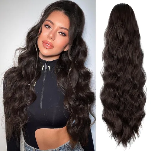 Miniatura 19 de FREEMEIGE Extensiones de cola de caballo largas onduladas con cordón para mujeres, extensiones de cabello con clip para cola de caballo, mezcla