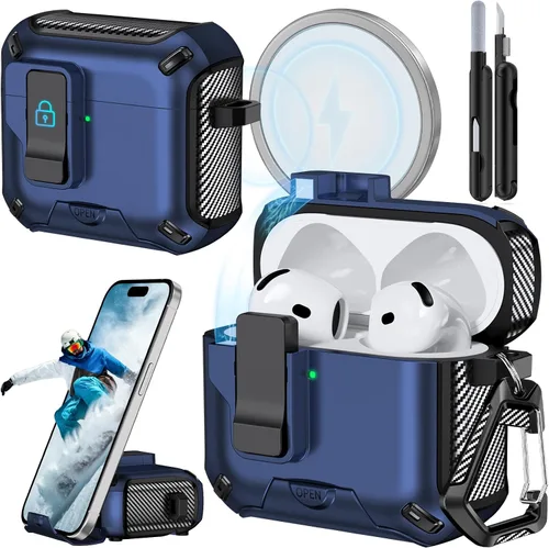 Miniatura 32 de Funda para AirPods Pro 2 (2023/2022/2019) con soporte para teléfono, (con interruptor a presión automático), diseño de fibra de carbono, cubierta