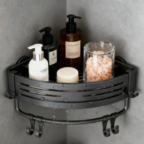 Organizador de ducha esquinero de aluminio inoxidable, estante triangular a presión para instalar con ganchos, organizador de ducha de baño con