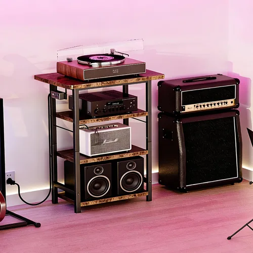Miniatura 4 de Homeiju Soporte multimedia AV de 4 niveles con toma de corriente, soporte de madera para tocadiscos, centro de entretenimiento con estantes