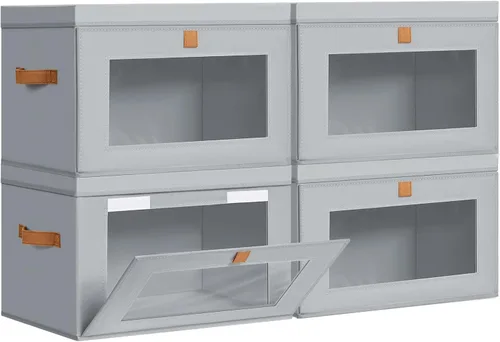 Miniatura 11 de DIMJ Contenedores de Almacenamiento con Tapas - Paquete de 4 Organizadores Grandes de Tela para Armario con Ventana y Asas, Cajas de Almacenamiento