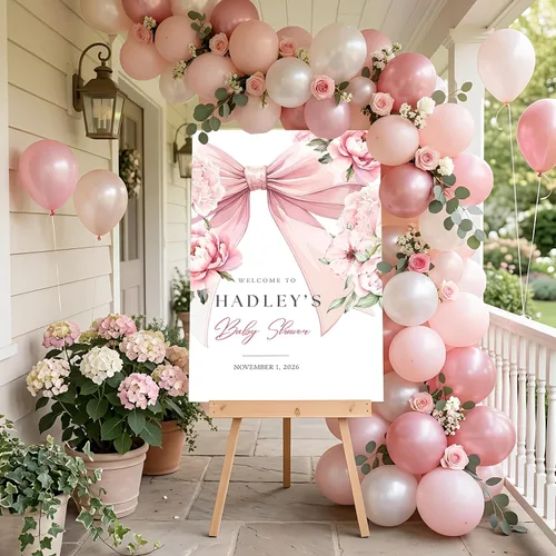Miniatura 4 de Letrero de bienvenida personalizado con lazo rosa, editable imprimible para fiesta de bebé, letrero de baby shower con lazo rosa #12 Baby Shower #12