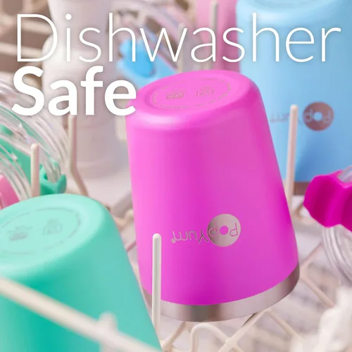 Miniatura 5 de PopYum - Vasos de acero inoxidable para niños, 9 onzas, morado, rosa, paquete de 2 Aislado, aspiradora de doble pared, tapa y pajilla, apilable, a