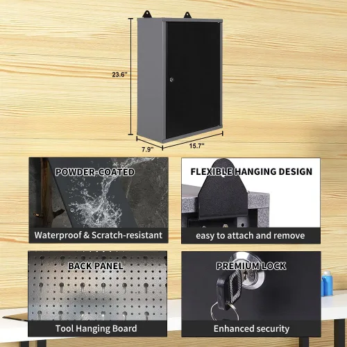 Miniatura 3 de JZD Gabinete de almacenamiento montado en la pared de acero, gabinetes de herramientas colgantes de metal, para taller de garaje, negro y gris